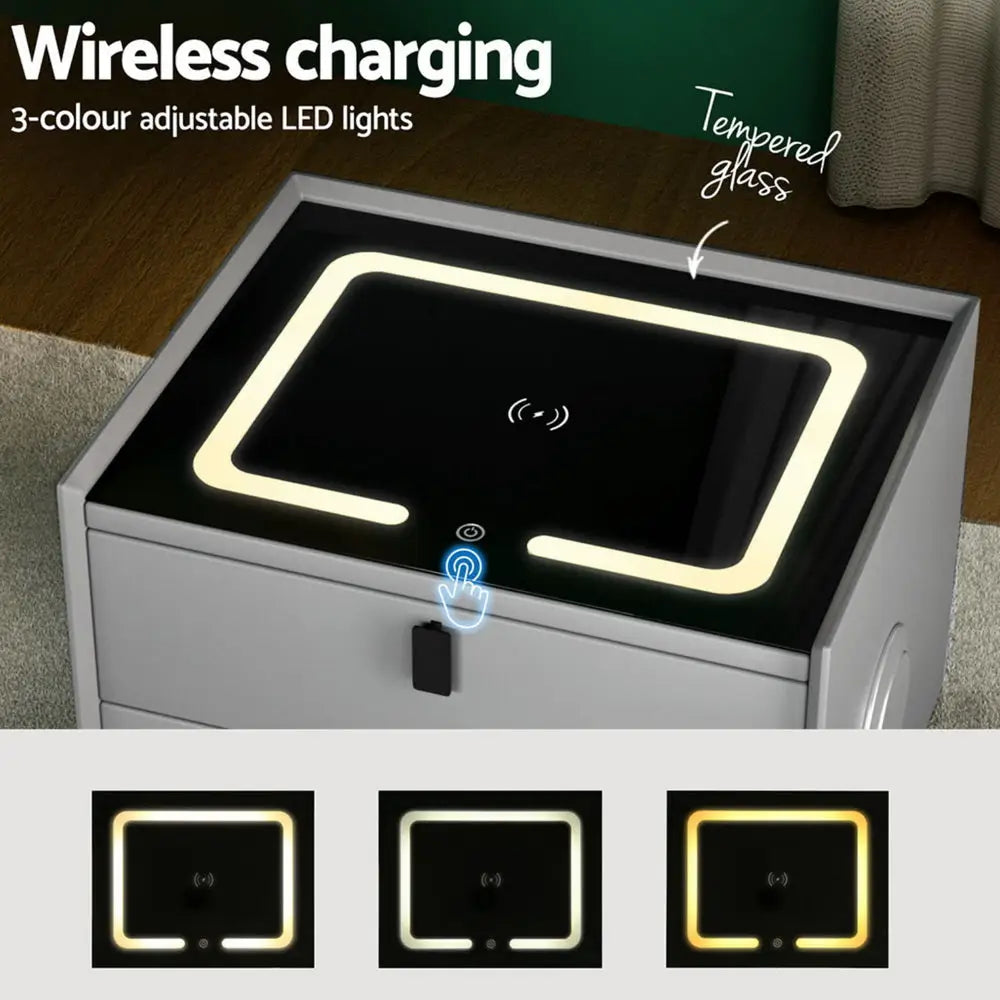 Artiss Smart Bedside Table with Wireless Charging - AIKA Grey - Furniture > Bedroom > Bedside Tables