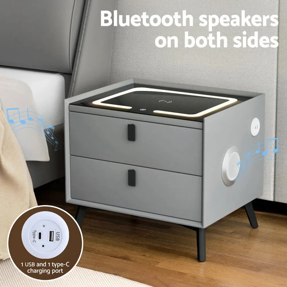 Artiss Smart Bedside Table with Wireless Charging - AIKA Grey - Furniture > Bedroom > Bedside Tables