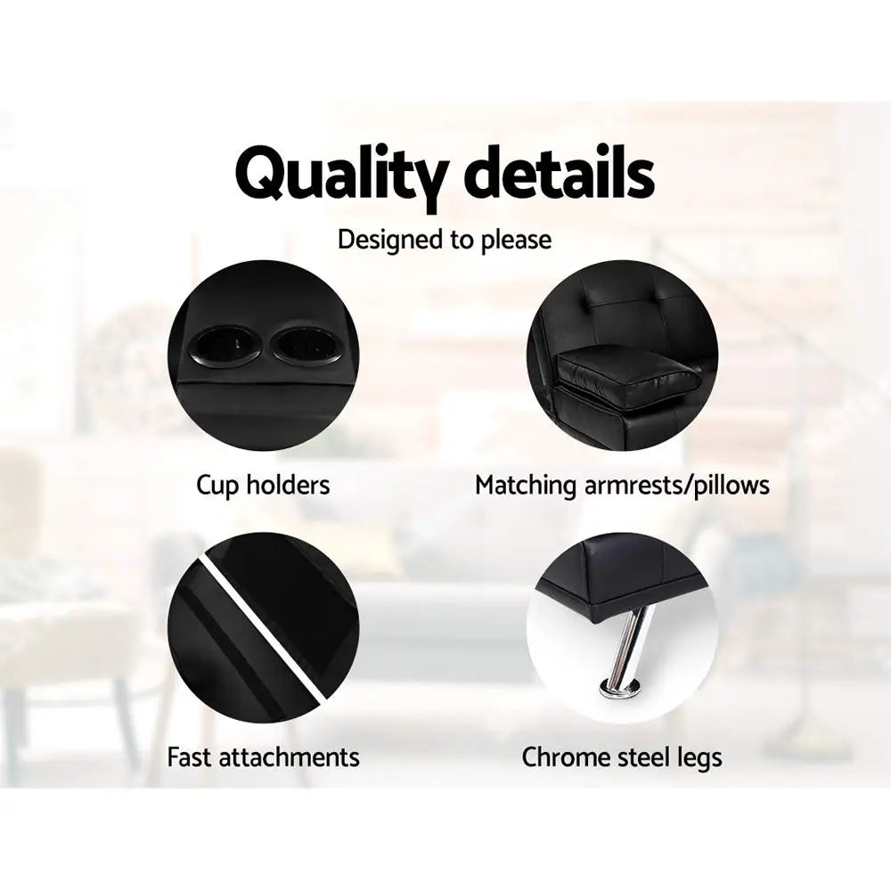 Artiss Sofa Bed 168CM Black PU Leather - Furniture > Sofas