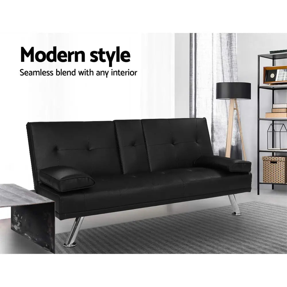 Artiss Sofa Bed 168CM Black PU Leather - Furniture > Sofas