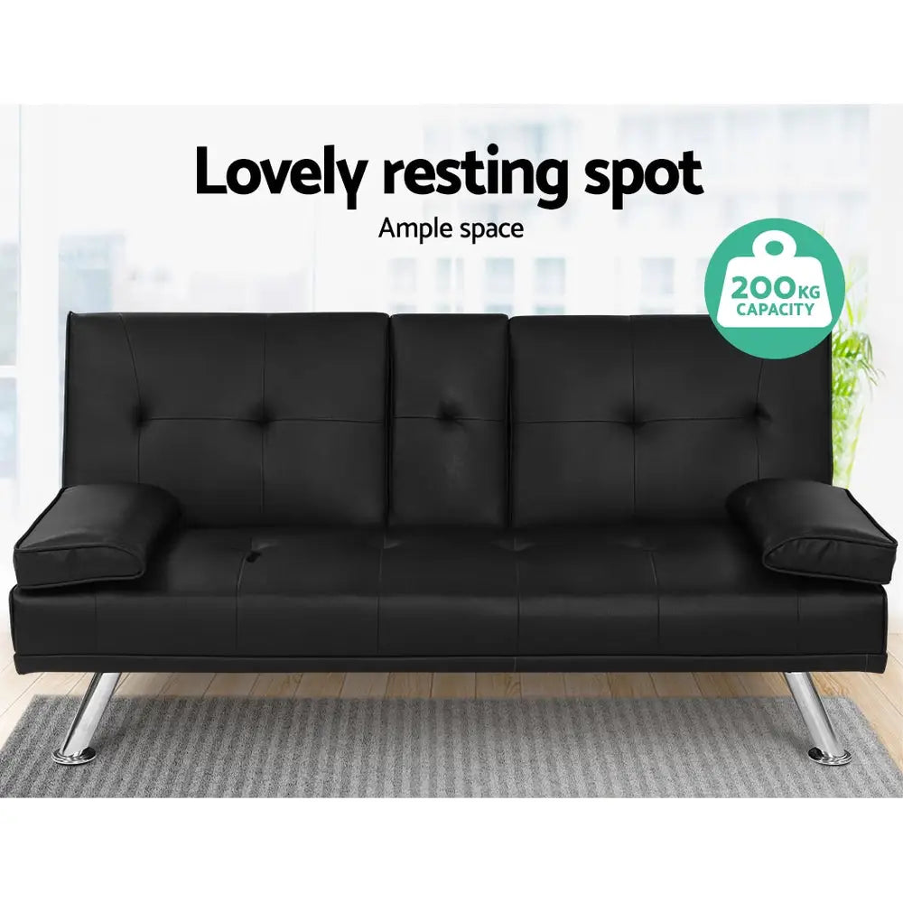 Artiss Sofa Bed 168CM Black PU Leather - Furniture > Sofas