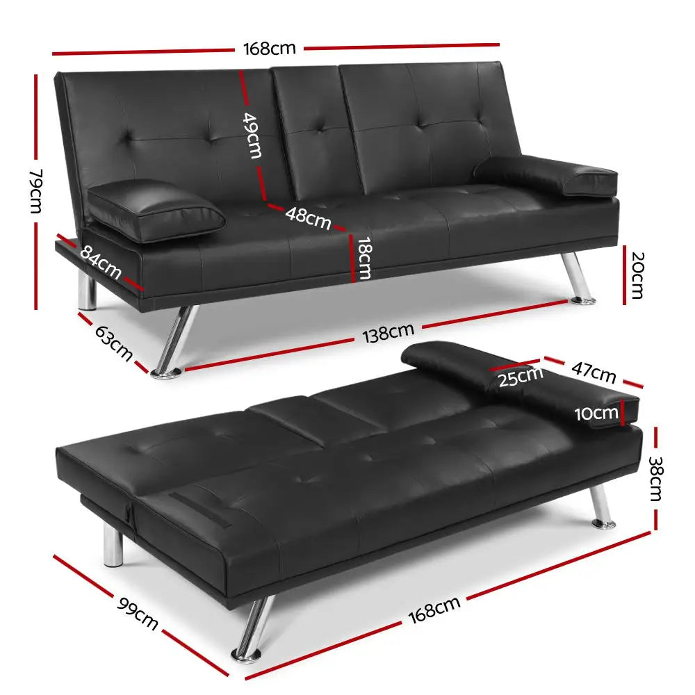 Artiss Sofa Bed 168CM Black PU Leather - Furniture > Sofas