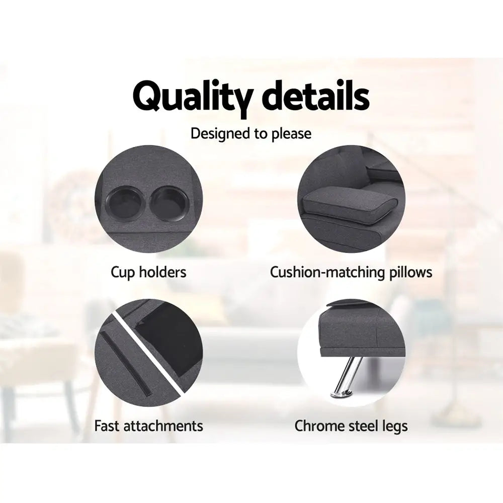 Artiss Sofa Bed 175CM Dark Grey Fabric - Furniture > Sofas