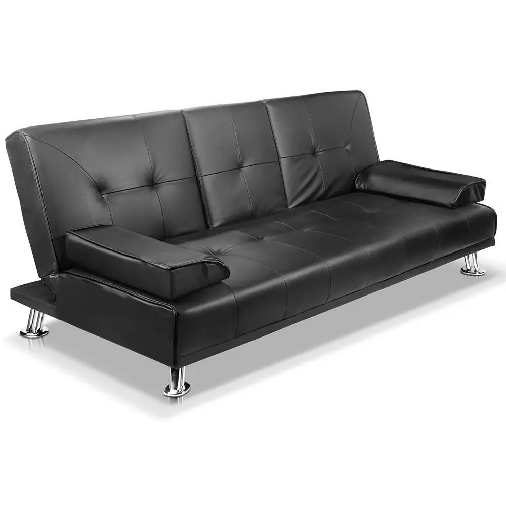 Artiss Sofa Bed 188CM Black PU Leather - Furniture > Sofas