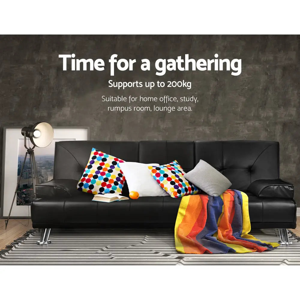 Artiss Sofa Bed 188CM Black PU Leather - Furniture > Sofas