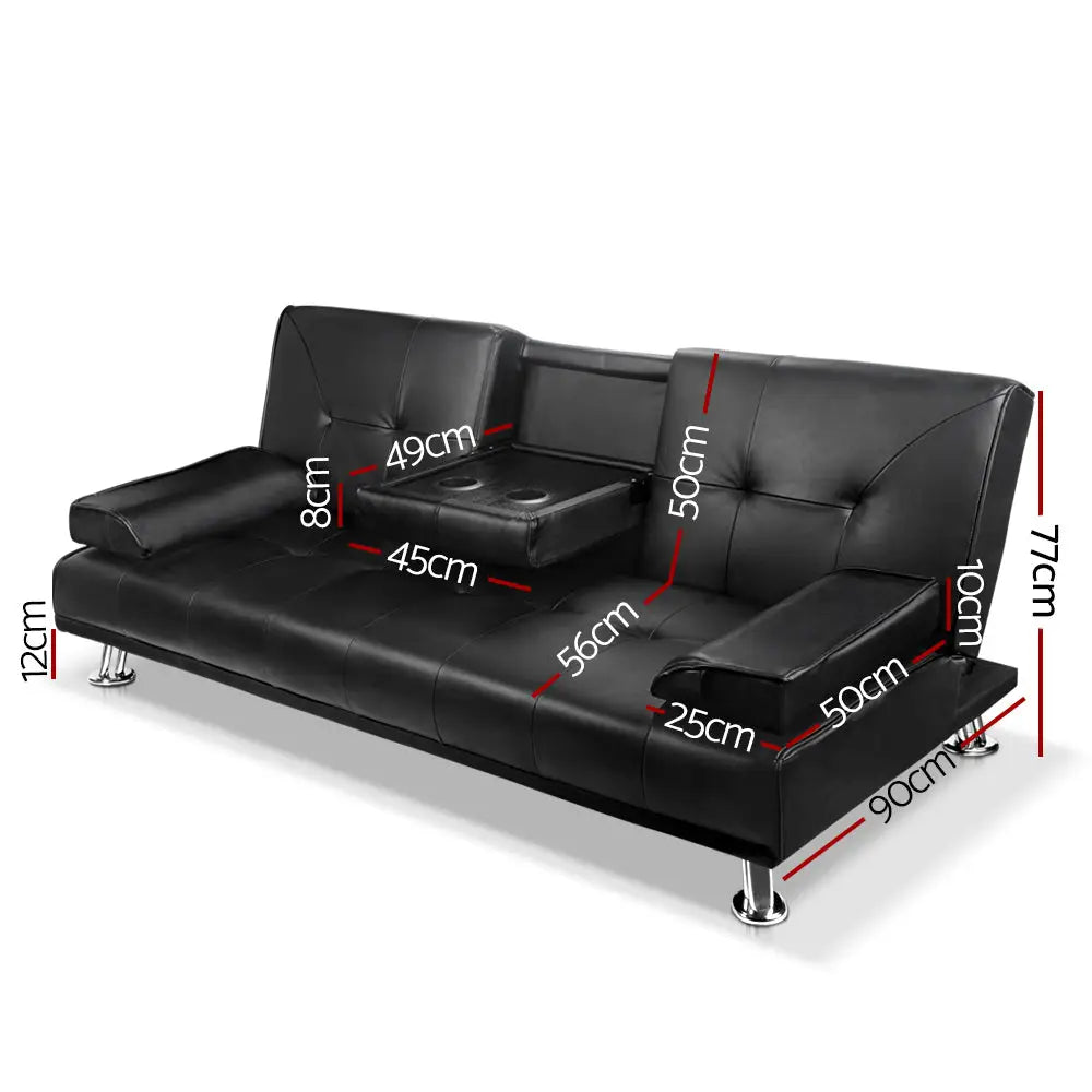 Artiss Sofa Bed 188CM Black PU Leather - Furniture > Sofas