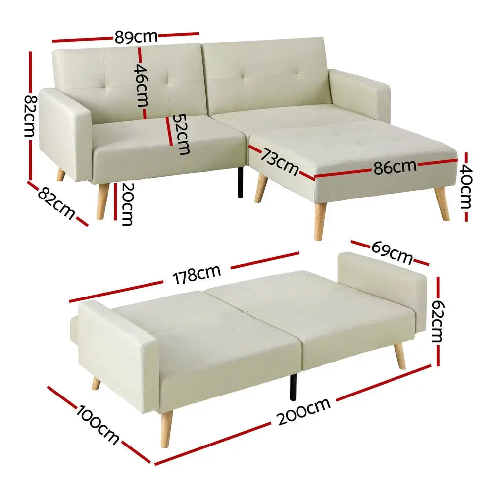Artiss Sofa Bed Ottoman 200CM Beige Faux Linen - Furniture > Living Room