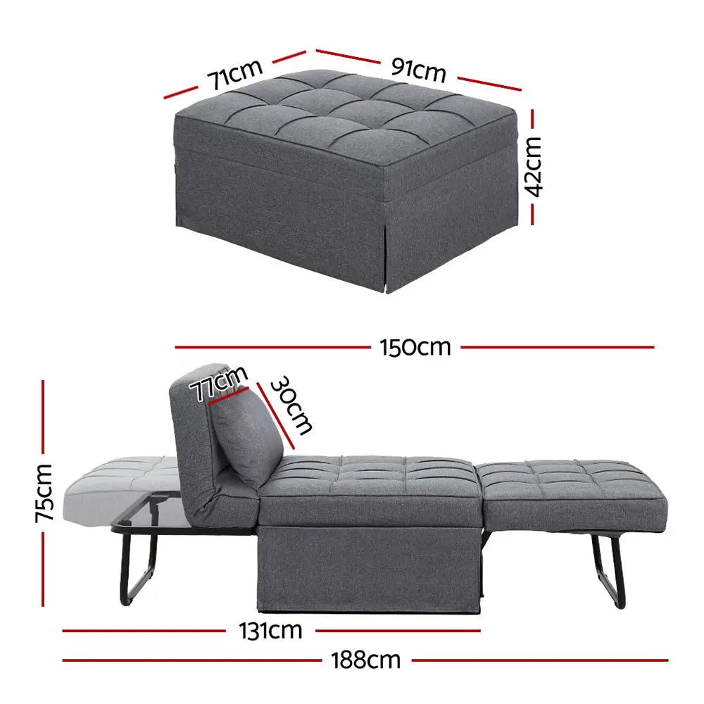 Artiss Sofa Bed Ottoman Pillow Folding Linen Grey Siyi - Furniture > Sofas > Sofas & Sofa Beds