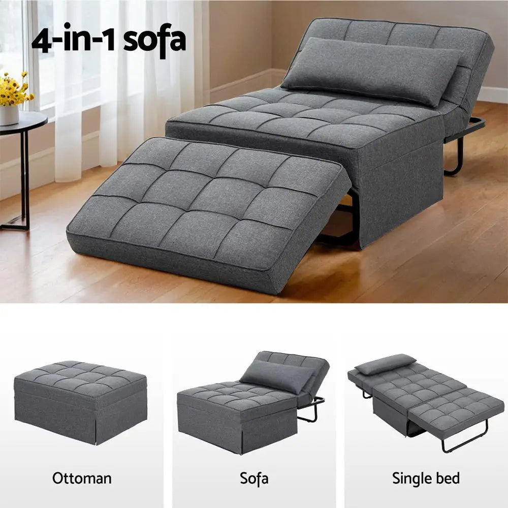 Artiss Sofa Bed Ottoman Pillow Folding Linen Grey Siyi - Furniture > Sofas > Sofas & Sofa Beds