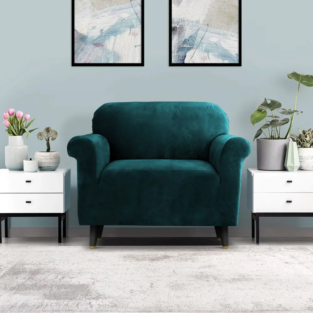 Artiss Sofa Cover Couch Covers 1 Seater Velvet Agate Green - Furniture > Sofas