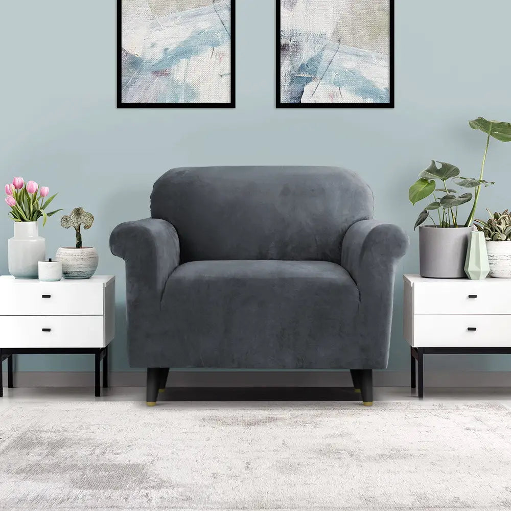 Artiss Sofa Cover Couch Covers 1 Seater Velvet Grey - Furniture > Sofas