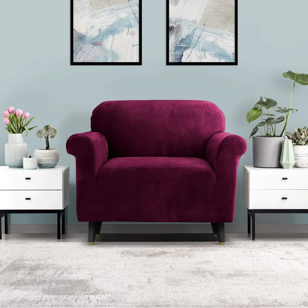 Artiss Sofa Cover Couch Covers 1 Seater Velvet Ruby Red - Furniture > Sofas