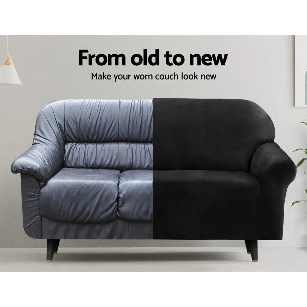 Artiss Sofa Cover Couch Covers 2 Seater Velvet Black - Furniture > Sofas