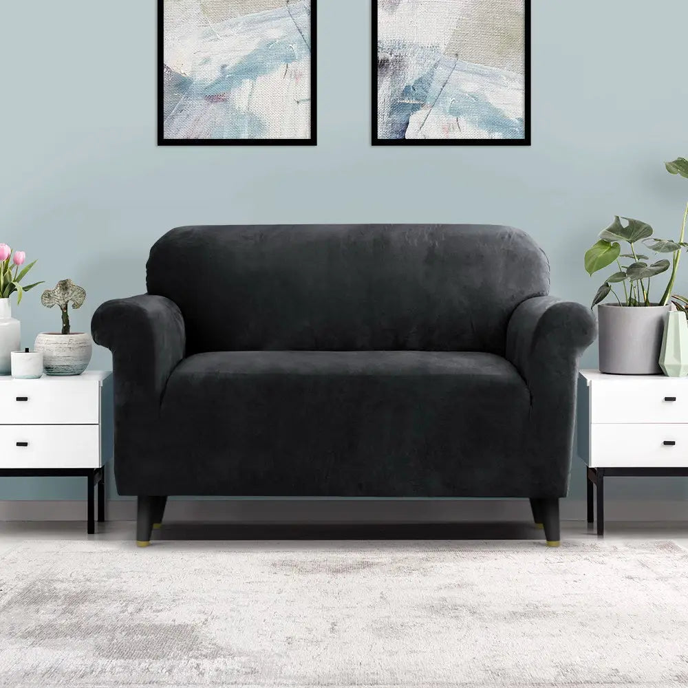 Artiss Sofa Cover Couch Covers 2 Seater Velvet Black - Furniture > Sofas