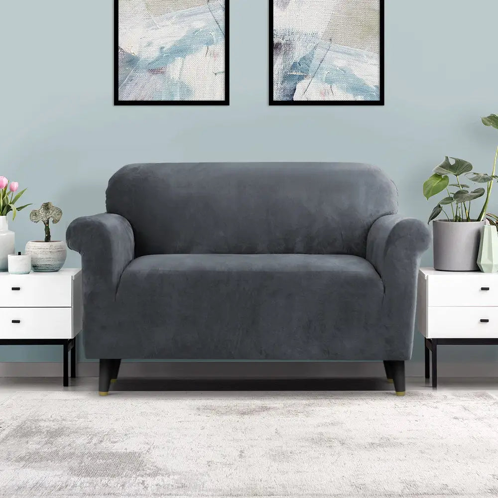 Artiss Sofa Cover Couch Covers 2 Seater Velvet Grey - Furniture > Sofas