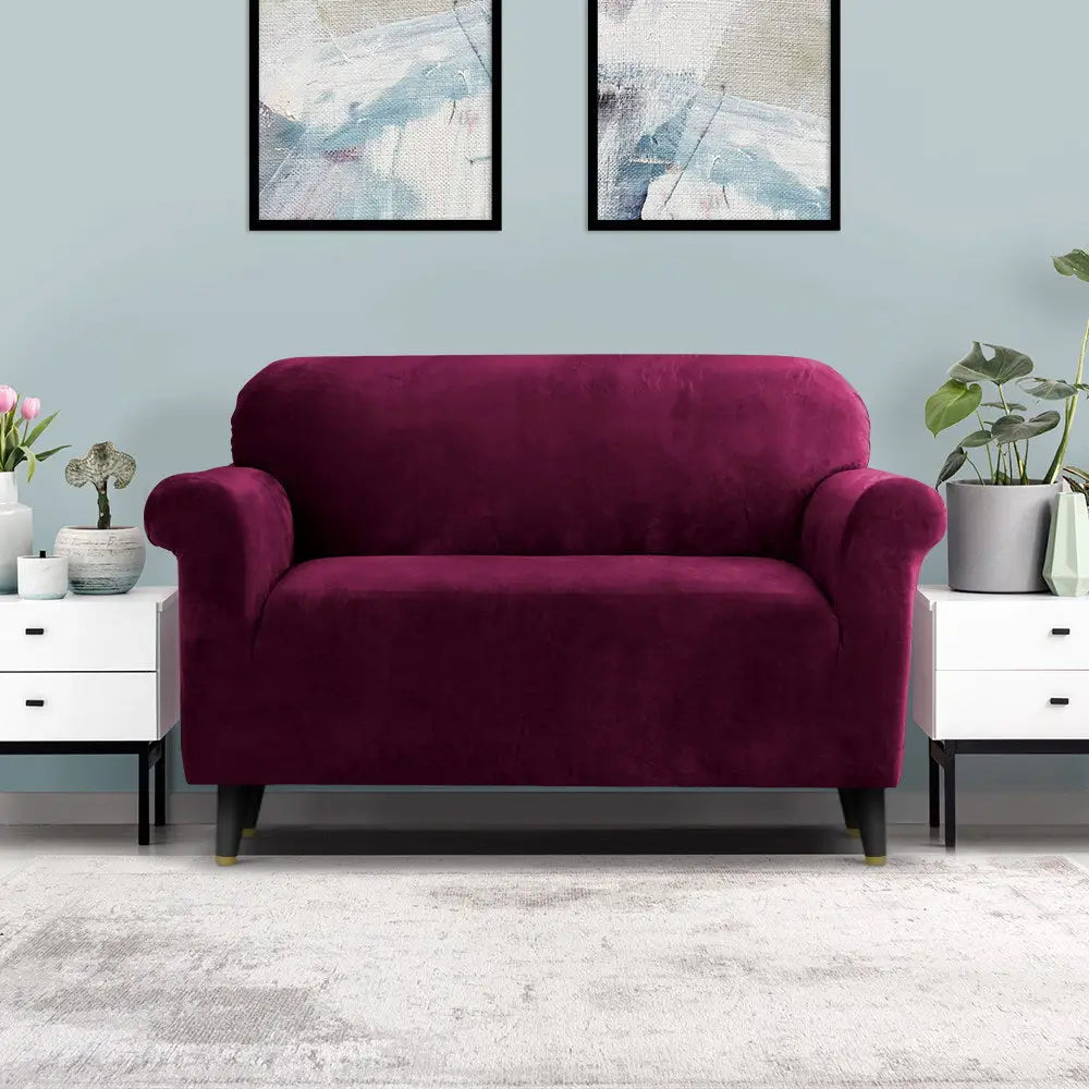 Artiss Sofa Cover Couch Covers 2 Seater Velvet Ruby Red - Furniture > Sofas