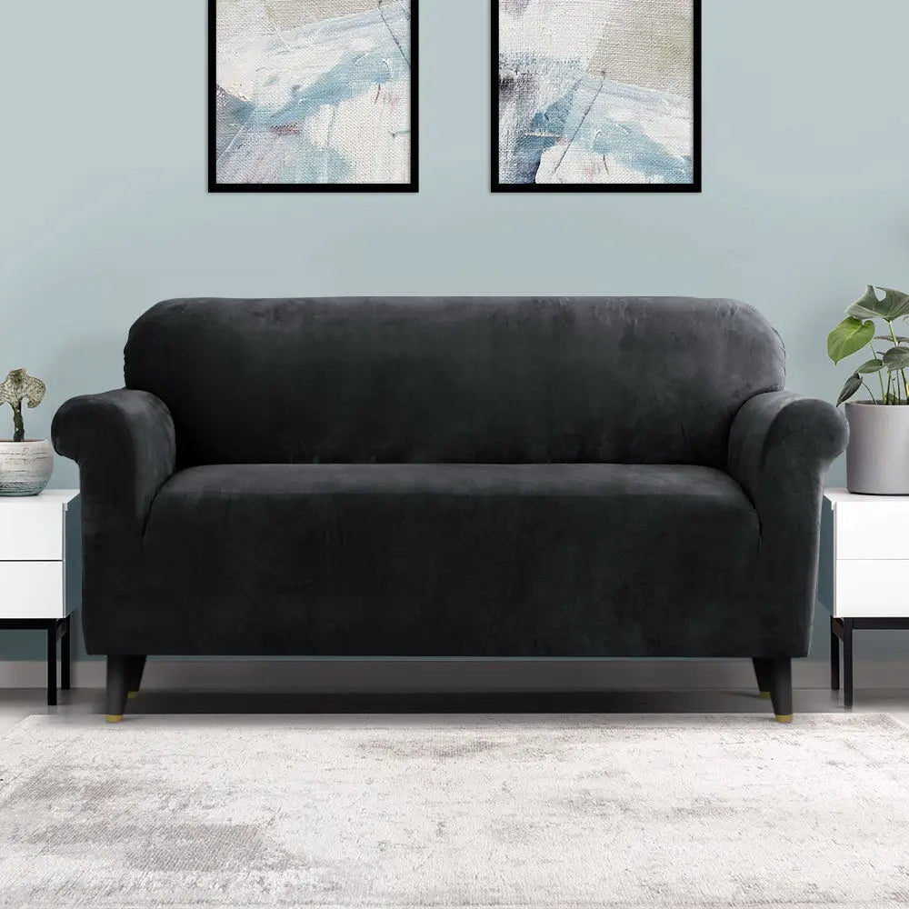 Artiss Sofa Cover Couch Covers 3 Seater Velvet Black - Furniture > Sofas