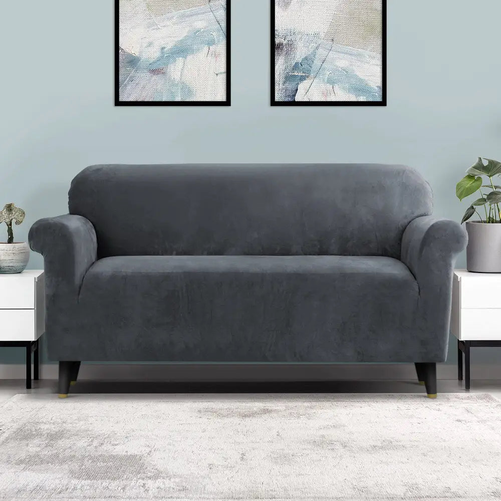 Artiss Sofa Cover Couch Covers 3 Seater Velvet Grey - Furniture > Sofas