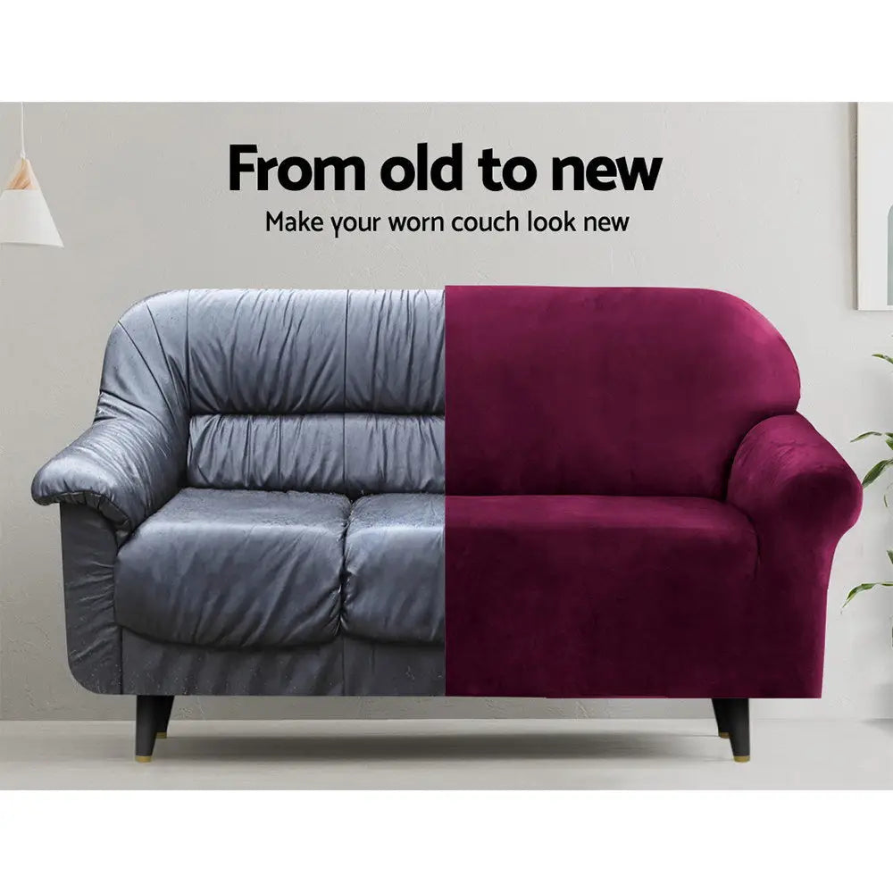 Artiss Sofa Cover Couch Covers 3 Seater Velvet Ruby Red - Furniture > Sofas