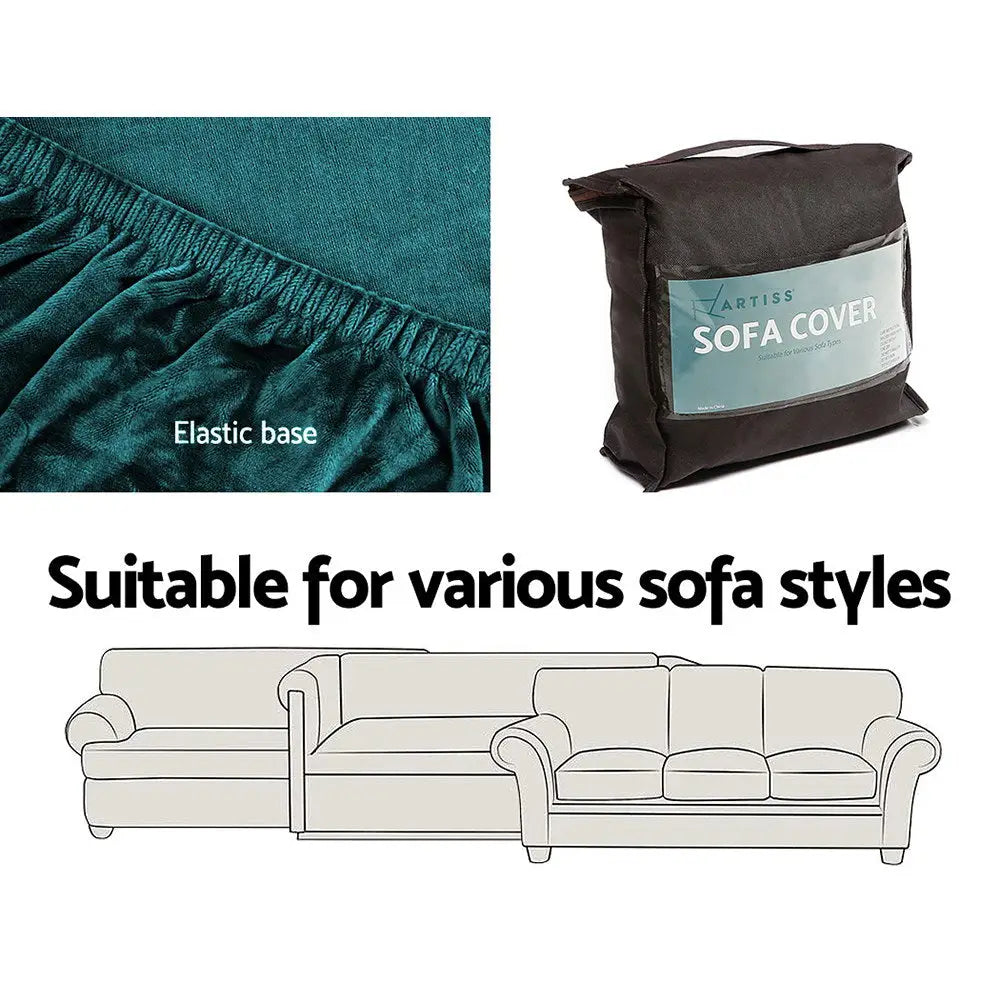 Artiss Sofa Cover Couch Covers 4 Seater Velvet Agate Green - Furniture > Sofas