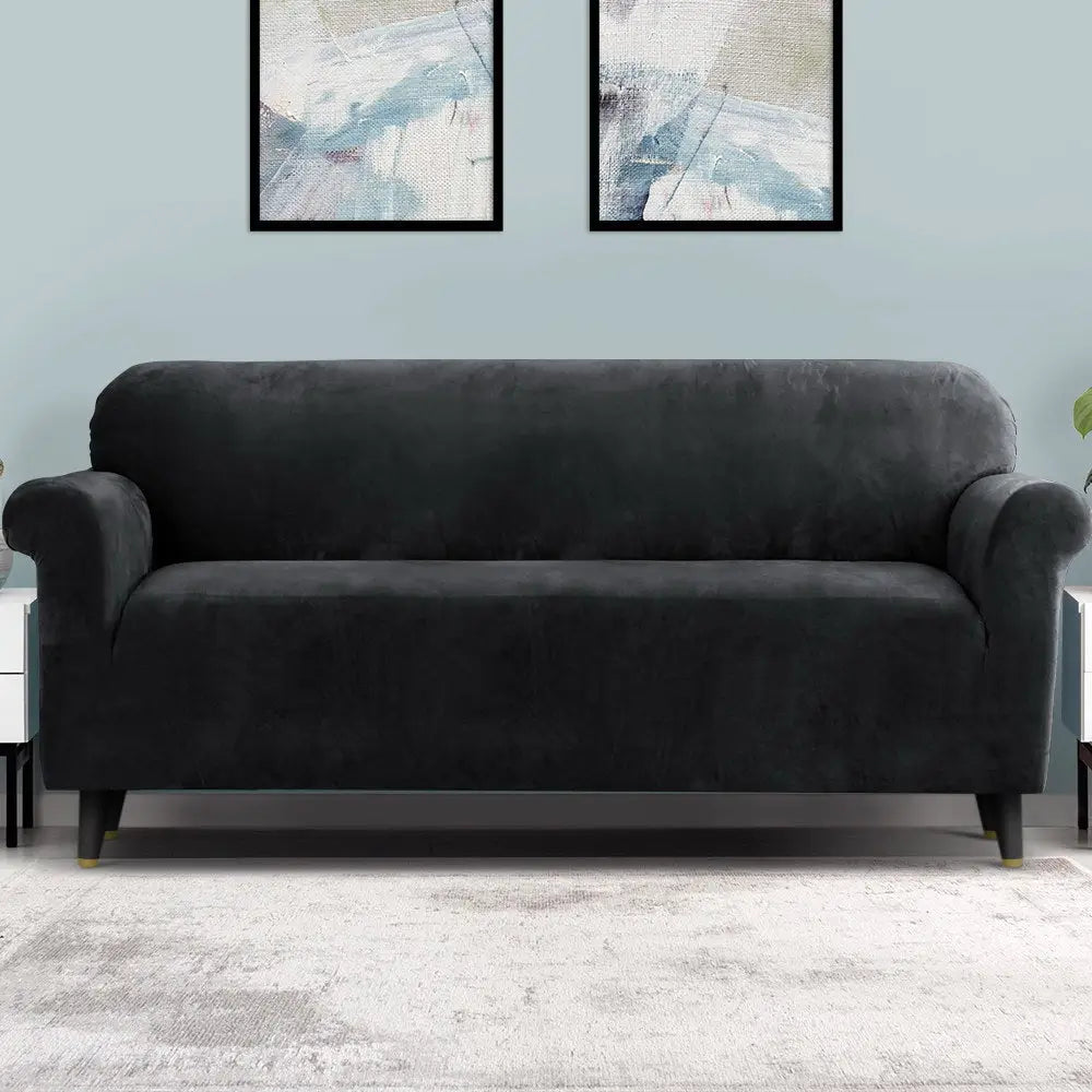 Artiss Sofa Cover Couch Covers 4 Seater Velvet Black - Furniture > Sofas