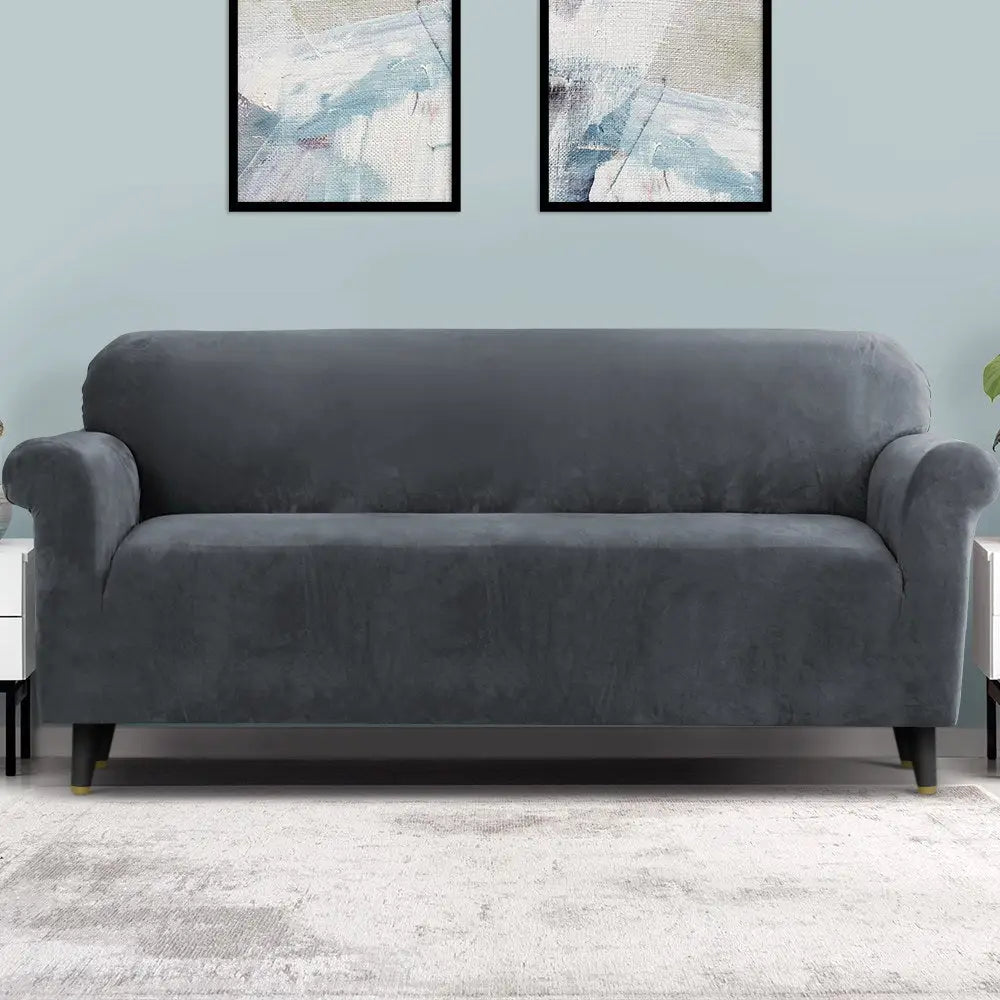 Artiss Sofa Cover Couch Covers 4 Seater Velvet Grey - Furniture > Sofas