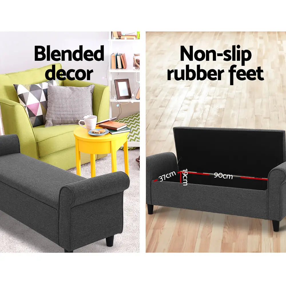 Artiss Storage Ottoman Blanket Box 125cm Arm Linen Grey - Furniture > Living Room > Ottomans & Footstools