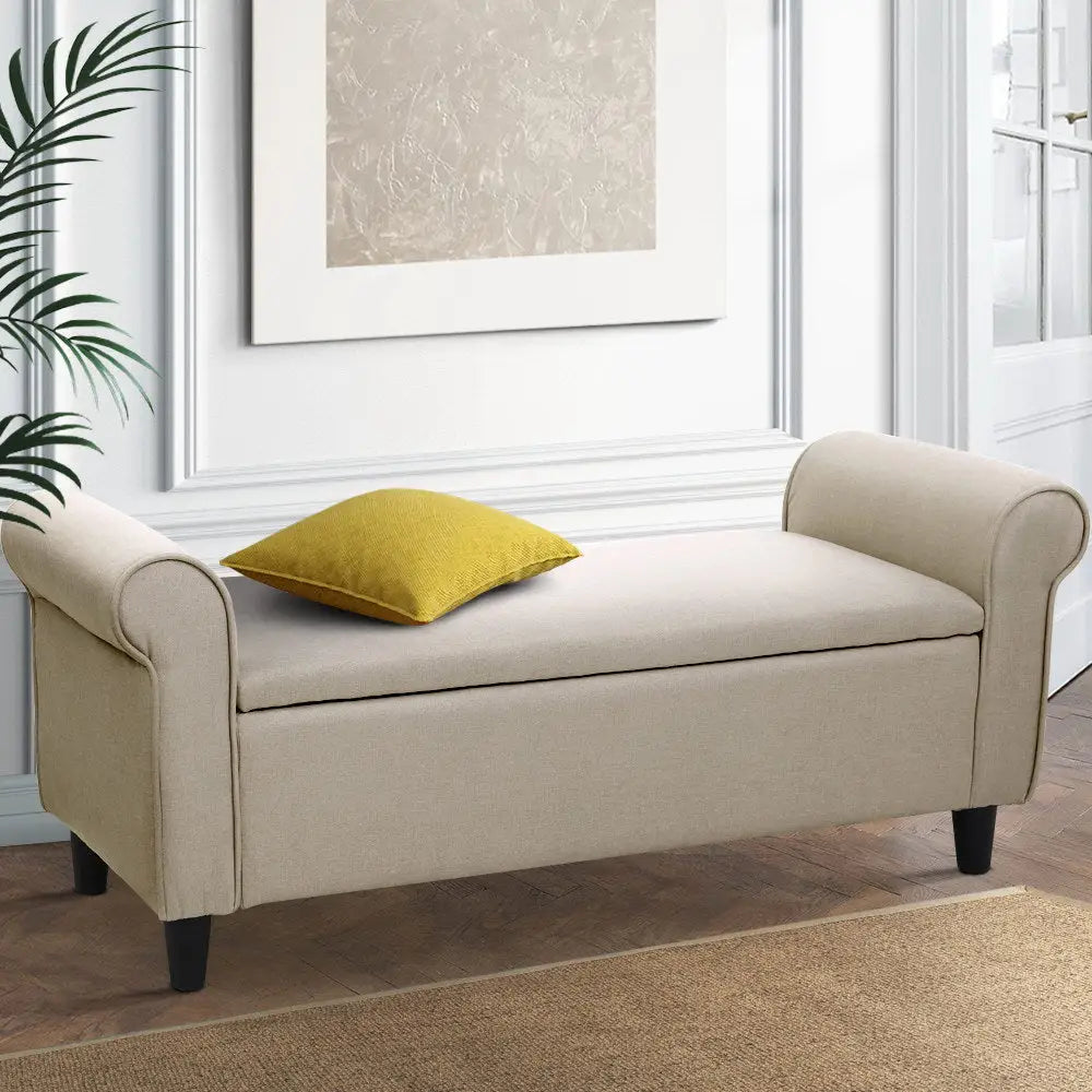 Artiss Storage Ottoman Blanket Box 125cm Arm Linen Taupe - Furniture > Living Room
