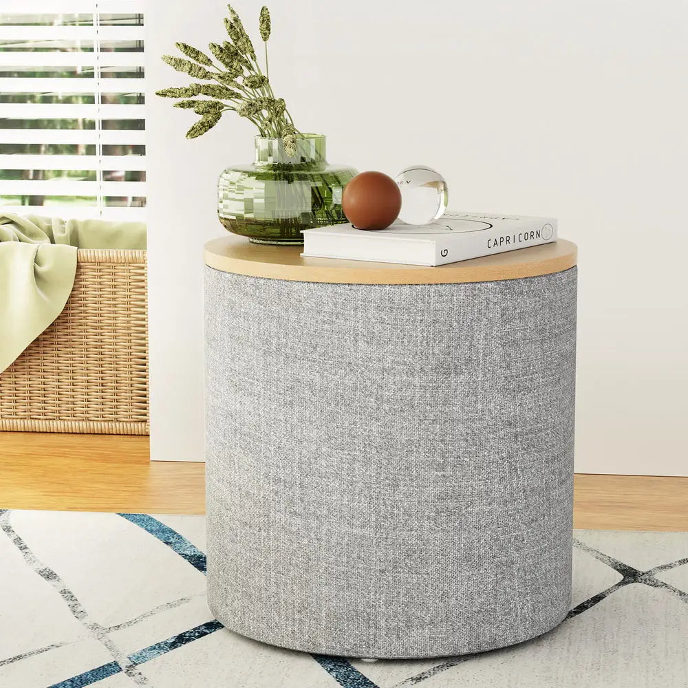 Artiss Storage Ottoman Blanket Box 40cm Linen Round Grey - Furniture > Living Room > Ottomans & Footstools