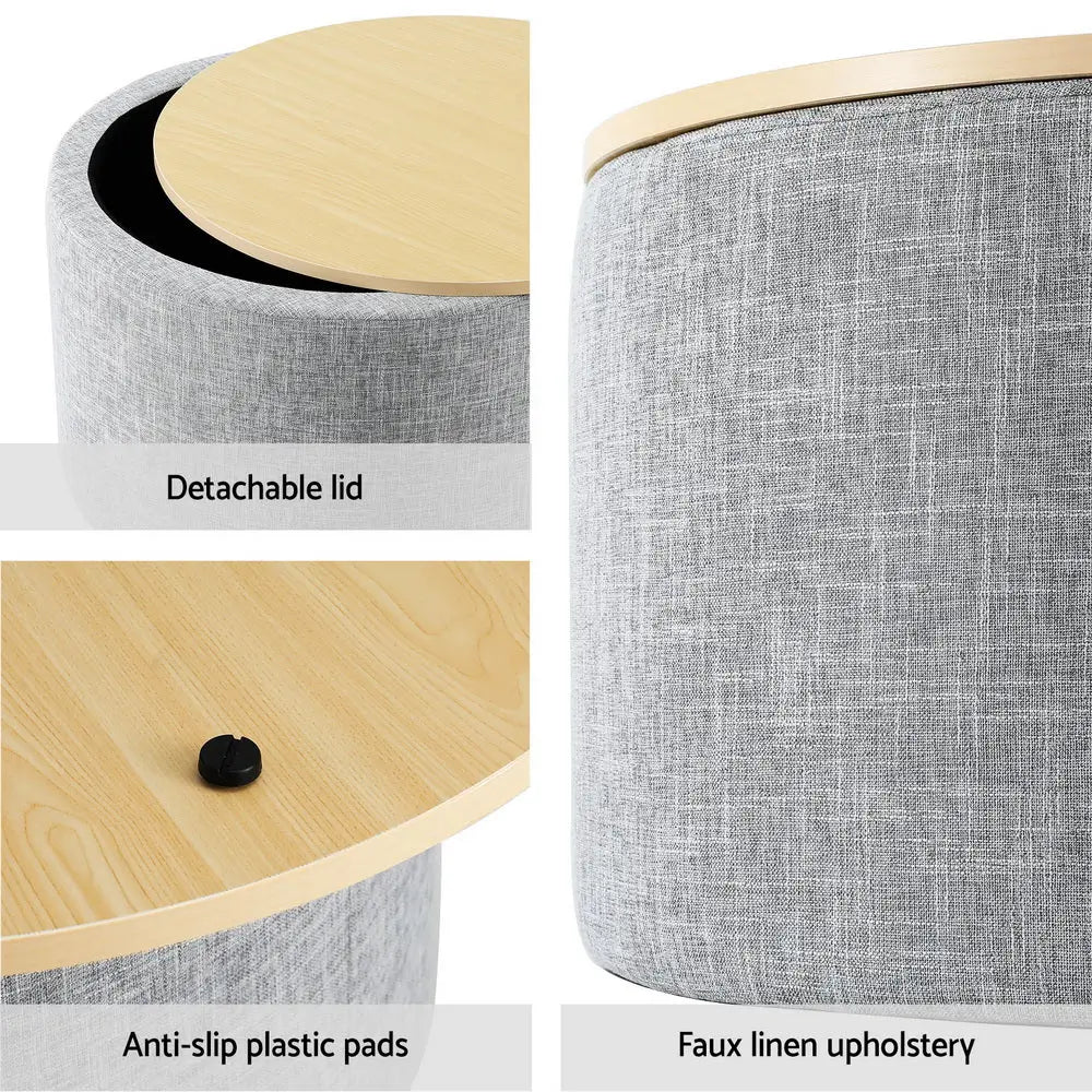 Artiss Storage Ottoman Blanket Box 60cm Linen Round Grey - Furniture > Living Room > Ottomans & Footstools