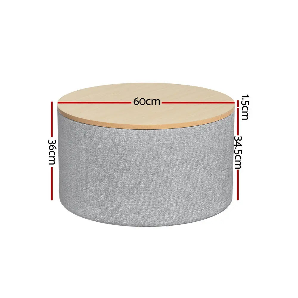 Artiss Storage Ottoman Blanket Box 60cm Linen Round Grey - Furniture > Living Room > Ottomans & Footstools