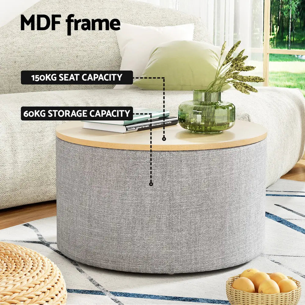 Artiss Storage Ottoman Blanket Box 60cm Linen Round Grey - Furniture > Living Room > Ottomans & Footstools