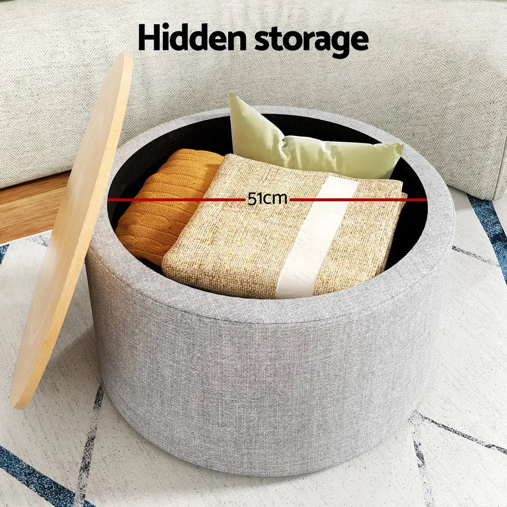 Artiss Storage Ottoman Blanket Box 60cm Linen Round Grey - Furniture > Living Room > Ottomans & Footstools