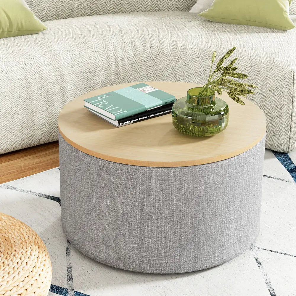 Artiss Storage Ottoman Blanket Box 60cm Linen Round Grey - Furniture > Living Room > Ottomans & Footstools
