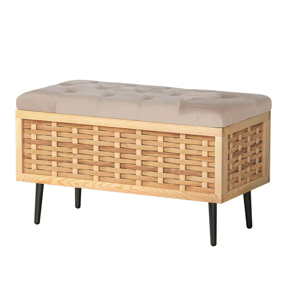 Artiss Storage Ottoman Blanket Box 80cm Weaved Velvet Pine - Furniture > Living Room