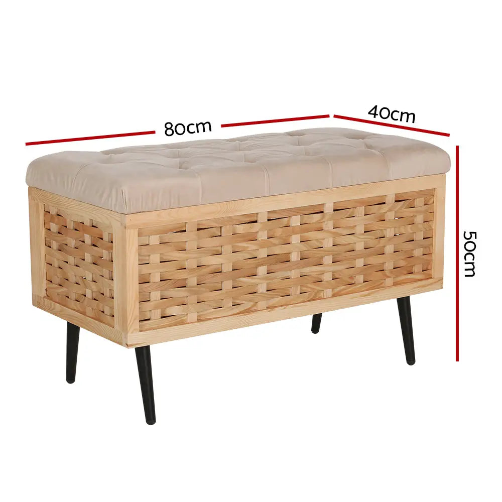 Artiss Storage Ottoman Blanket Box 80cm Weaved Velvet Pine - Furniture > Living Room
