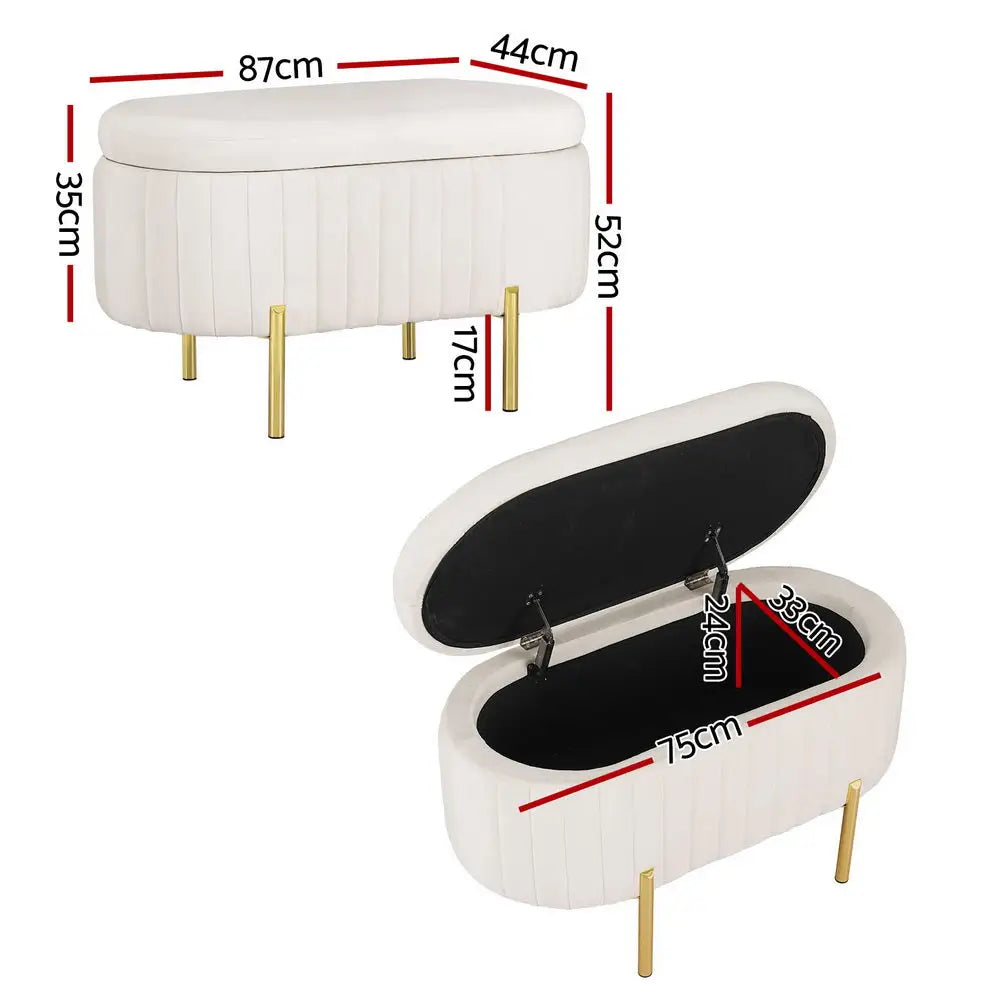 Artiss Storage Ottoman Blanket Box 87cm Velvet Oval White - Furniture > Living Room > Ottomans & Footstools