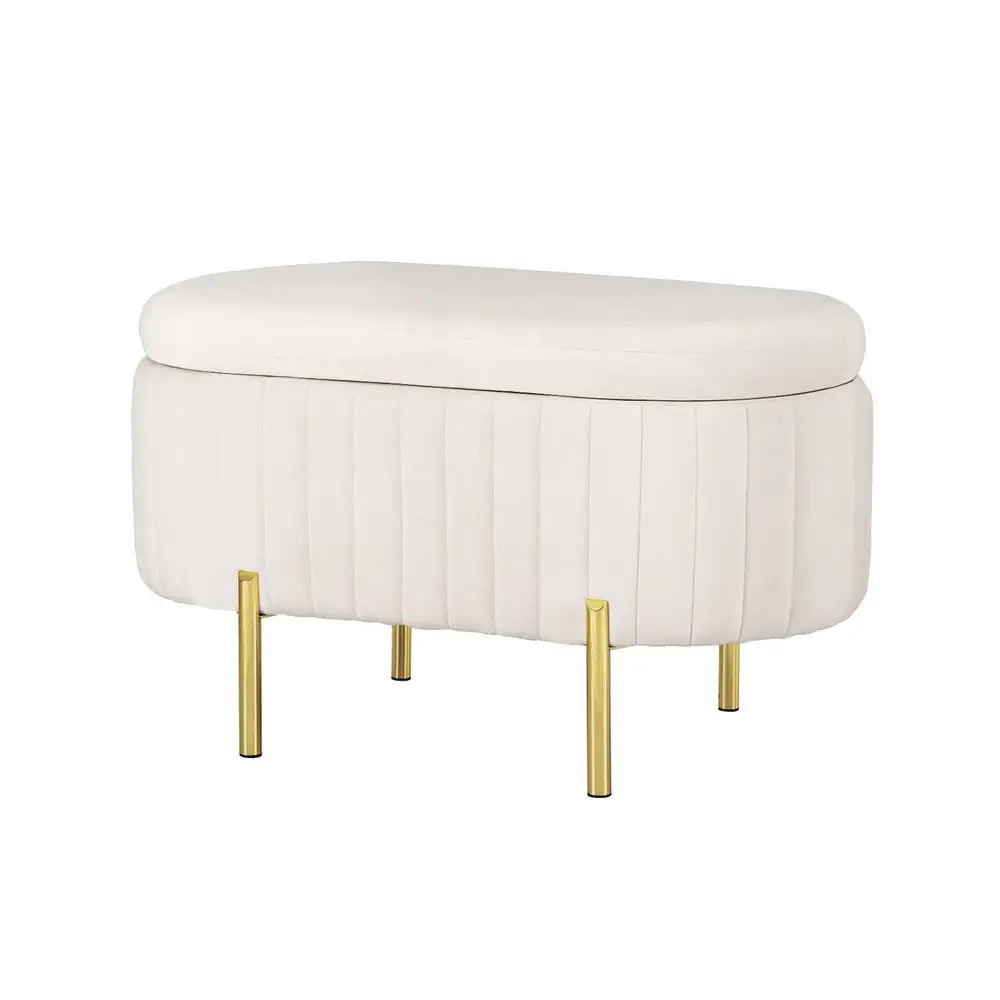 Artiss Storage Ottoman Blanket Box 87cm Velvet Oval White - Furniture > Living Room > Ottomans & Footstools