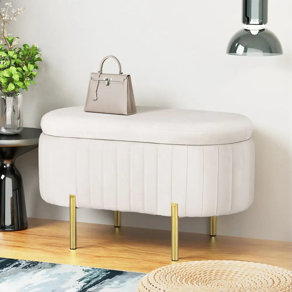 Artiss Storage Ottoman Blanket Box 87cm Velvet Oval White - Furniture > Living Room > Ottomans & Footstools