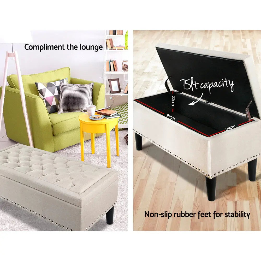 Artiss Storage Ottoman Blanket Box 96cm Linen Taupe - Furniture > Living Room