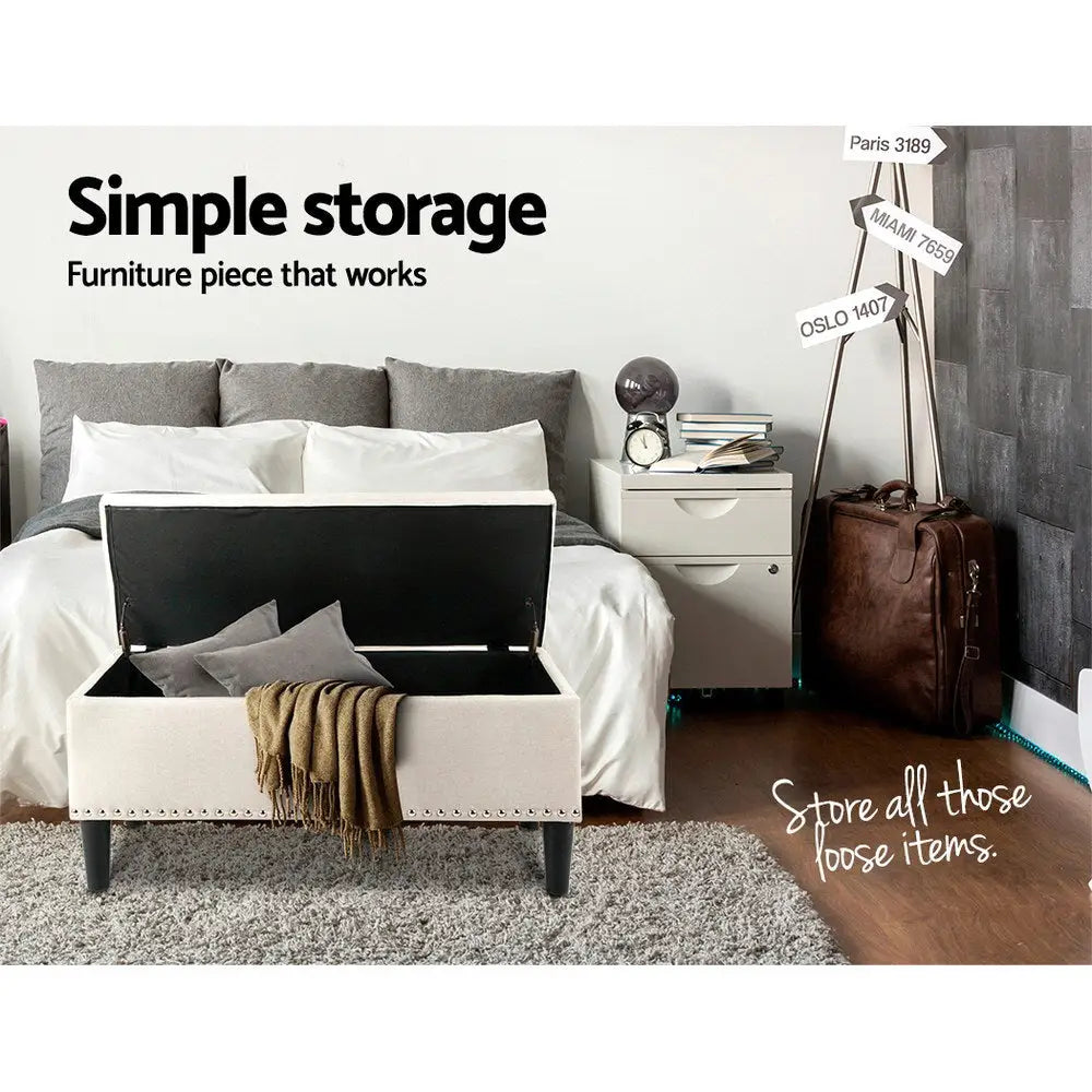 Artiss Storage Ottoman Blanket Box 96cm Linen Taupe - Furniture > Living Room