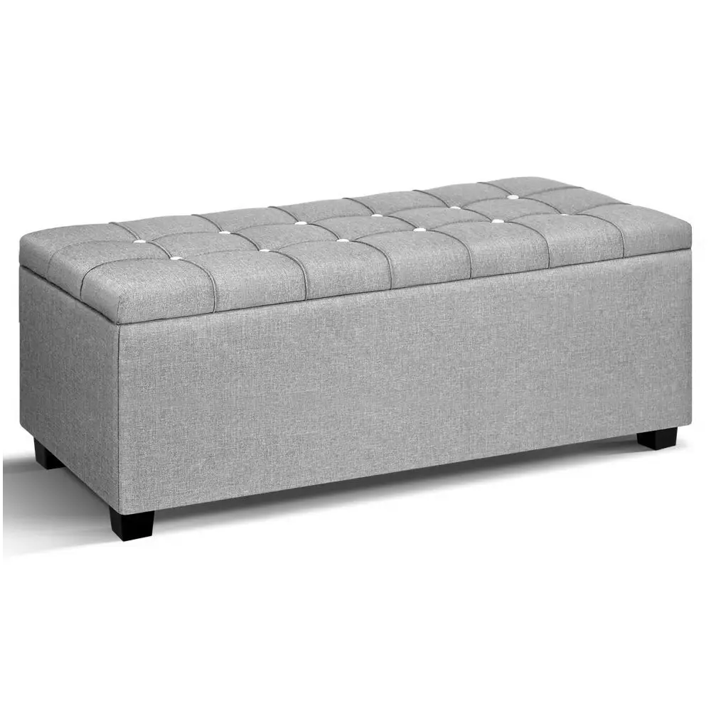 Artiss Storage Ottoman Blanket Box 97cm Button Linen Grey - Furniture > Living Room