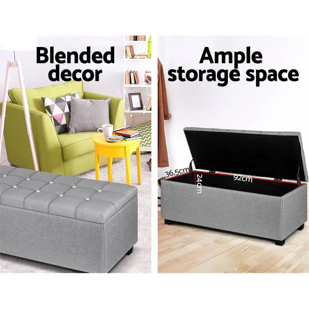 Artiss Storage Ottoman Blanket Box 97cm Button Linen Grey - Furniture > Living Room