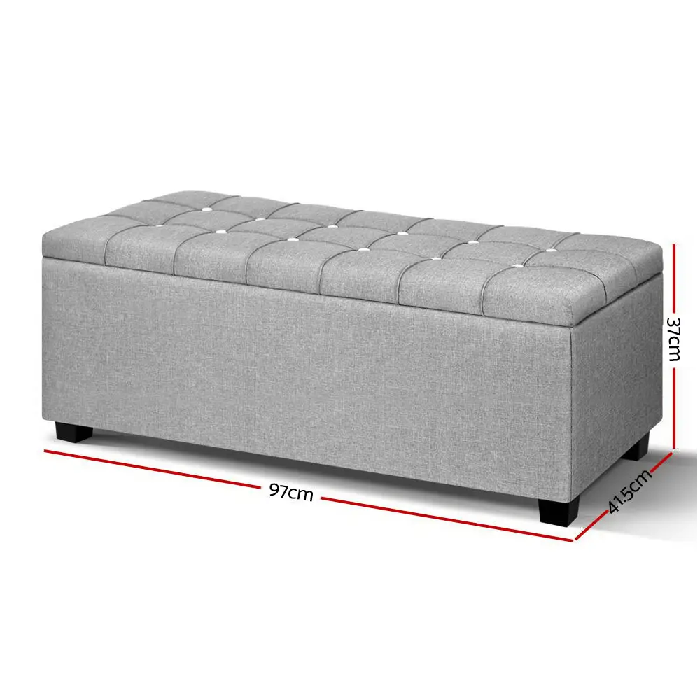 Artiss Storage Ottoman Blanket Box 97cm Button Linen Grey - Furniture > Living Room