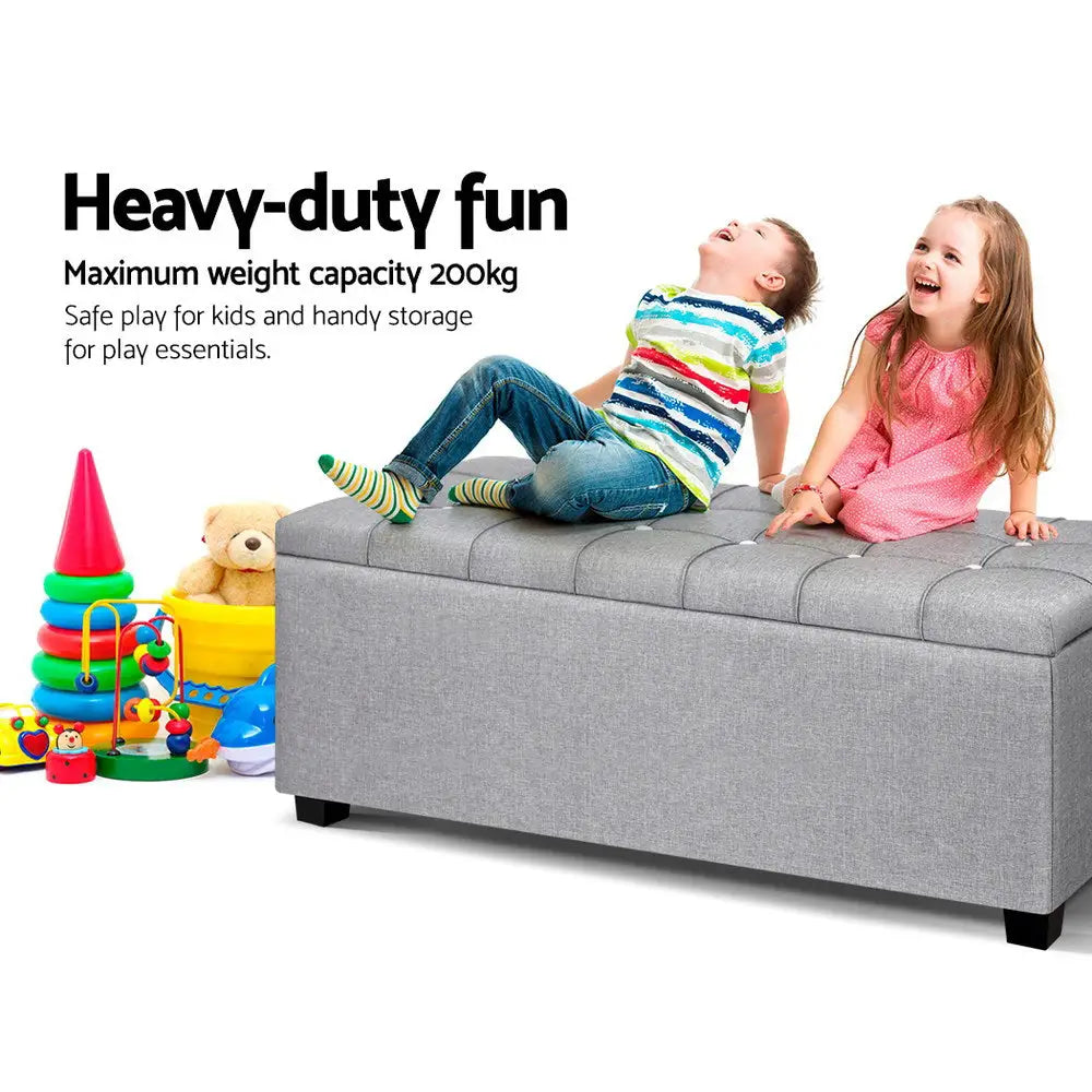 Artiss Storage Ottoman Blanket Box 97cm Button Linen Grey - Furniture > Living Room