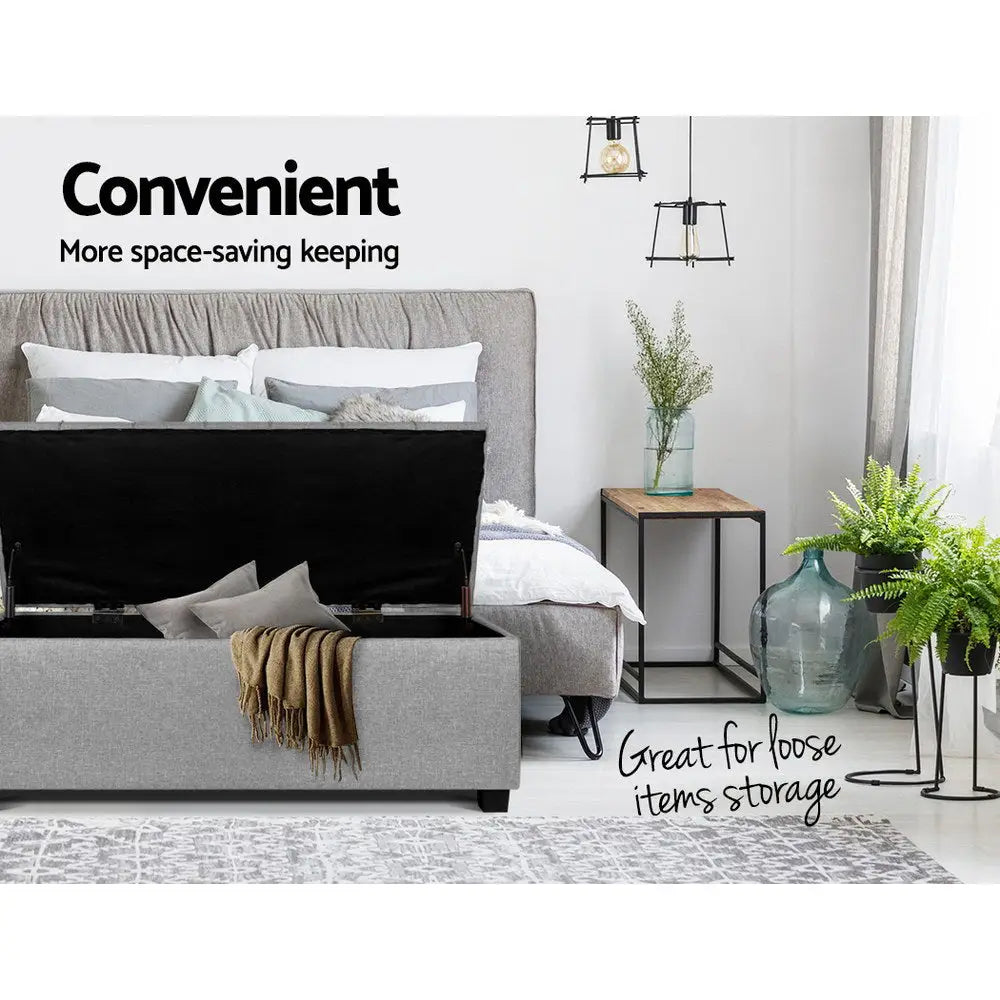 Artiss Storage Ottoman Blanket Box 97cm Button Linen Grey - Furniture > Living Room