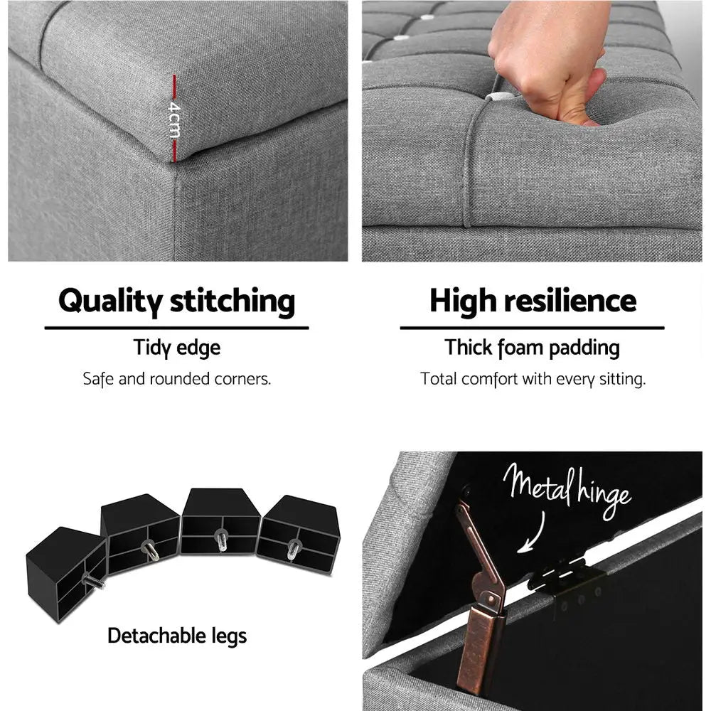 Artiss Storage Ottoman Blanket Box 97cm Button Linen Grey - Furniture > Living Room