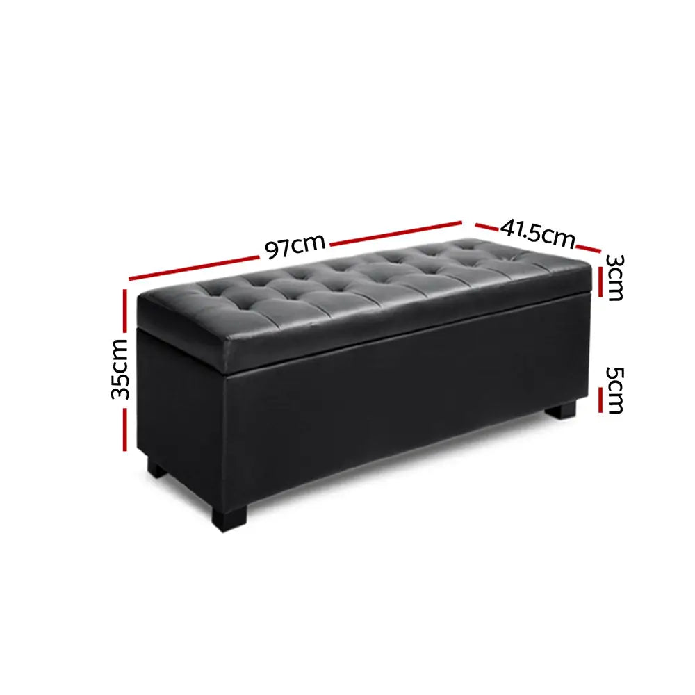 Artiss Storage Ottoman Blanket Box 97cm Leather Black - Furniture > Bedroom