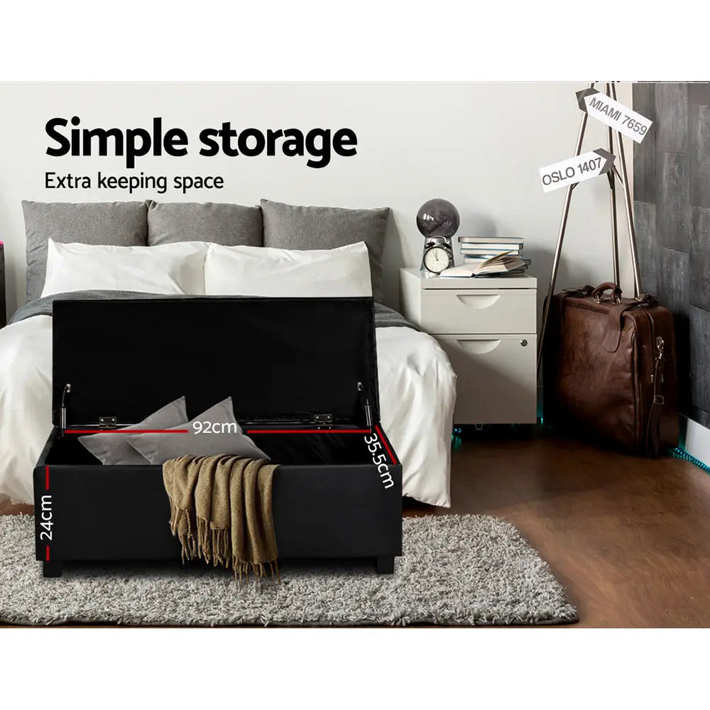 Artiss Storage Ottoman Blanket Box 97cm Leather Black - Furniture > Bedroom