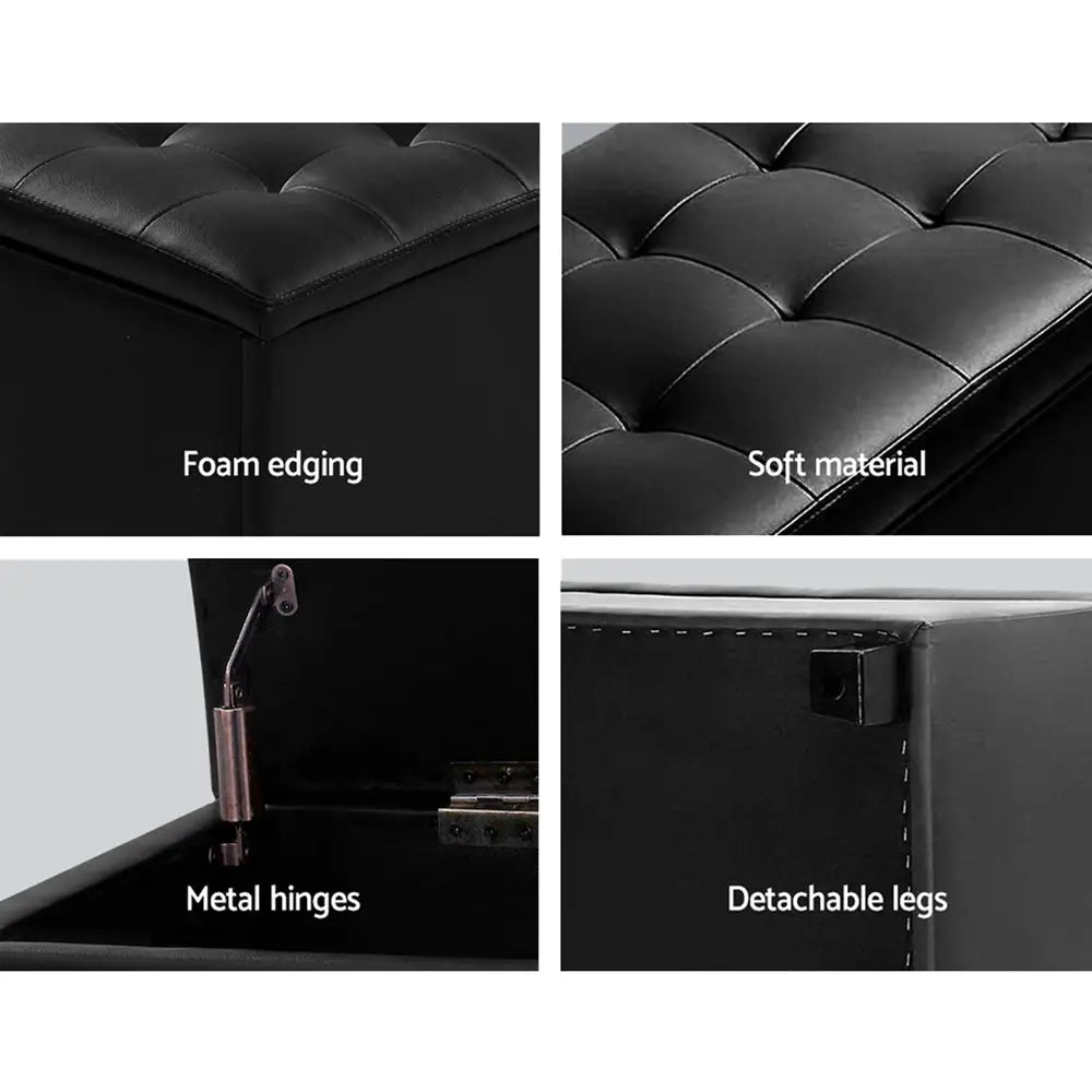 Artiss Storage Ottoman Blanket Box 97cm Leather Black - Furniture > Bedroom